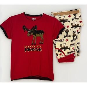 Lazy One S Chocolate Moose Pajama Set Red Graphic Tee Cotton PJ Pants Lounge